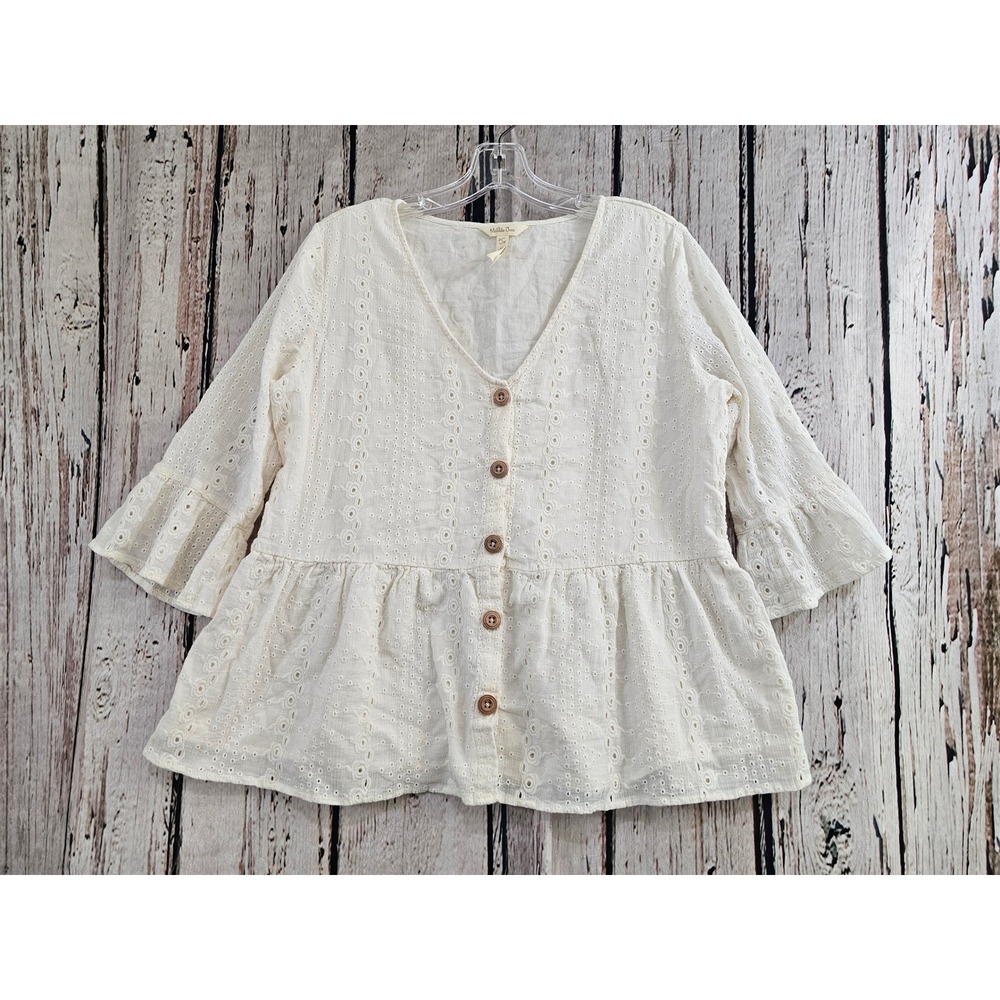 Matilda Jane Cream Eyelet Button-Front Peplum Blouse